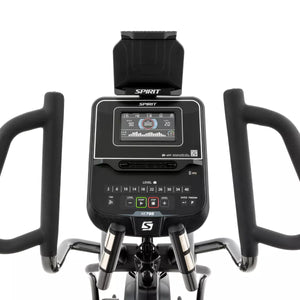 Close-up of a Spirit exercise bike console with digital display on a white background