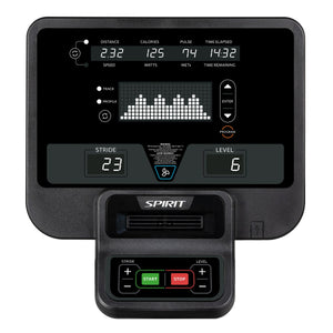 Digital display panel with control buttons for a fitness device, featuring the brand 'Spirit'.