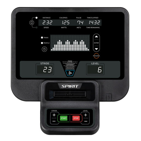 Digital display panel with control buttons for a fitness device, featuring the brand 'Spirit'.