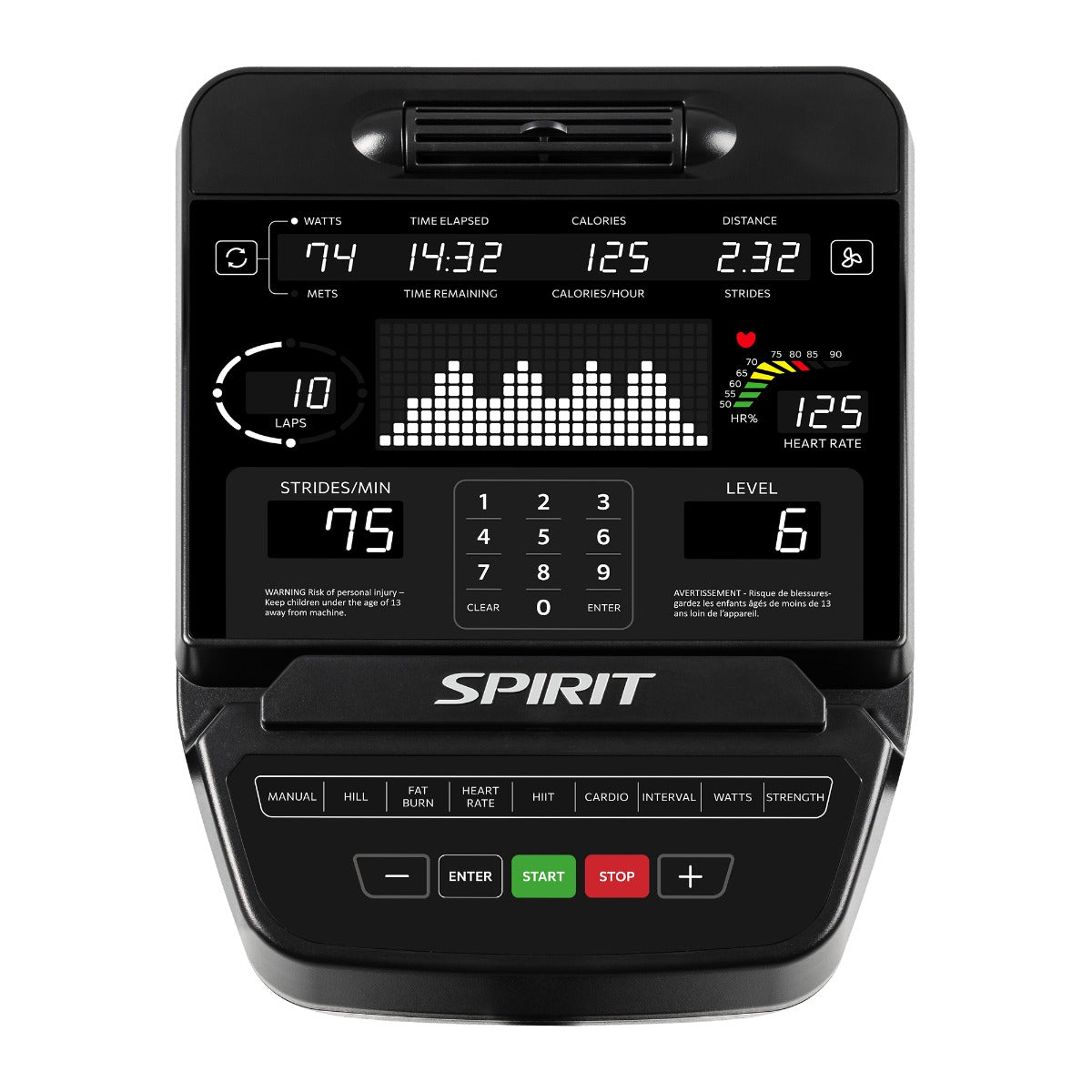 Black exercise bike console with digital display on a white background