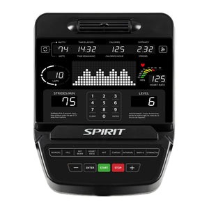 Black exercise bike console with digital display on a white background