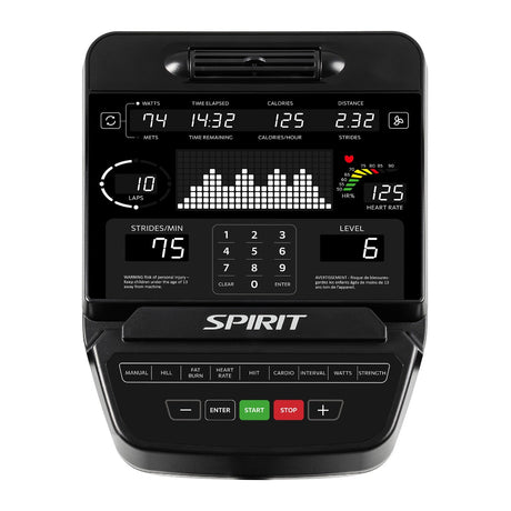 Black exercise bike console with digital display on a white background