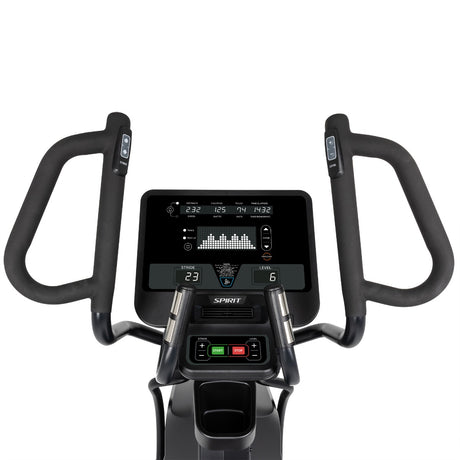 Exercise bike with digital display on a white background