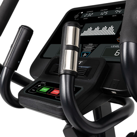 Close-up of an elliptical machine's handlebar and digital display on a white background