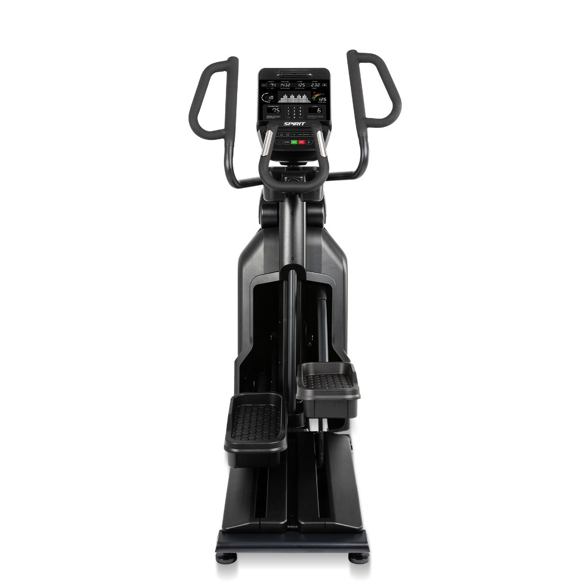 Black exercise bike with digital display on a white background