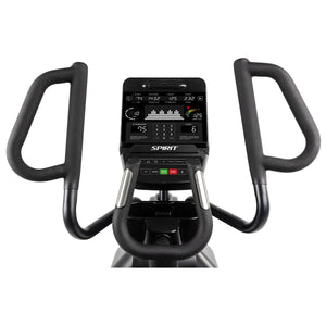 Exercise bike with digital display on a white background