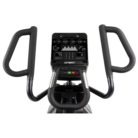 Exercise bike with digital display on a white background