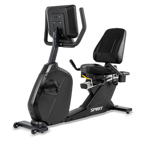 Black exercise bike with a seat and console on a white background, featuring the brand 'Spirit'.