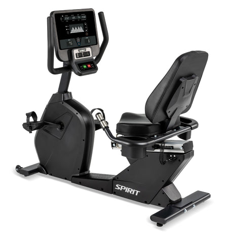 Black exercise bike with digital display on a white background, branded 'Spirit'.