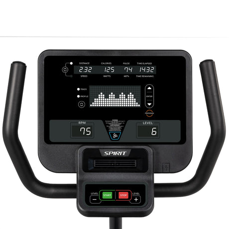 Exercise bike console with digital display and control buttons on a white background