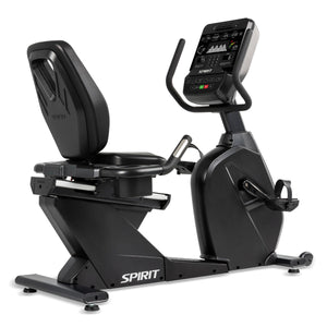 Black exercise bike with digital display on a white background, branded 'Spirit'.