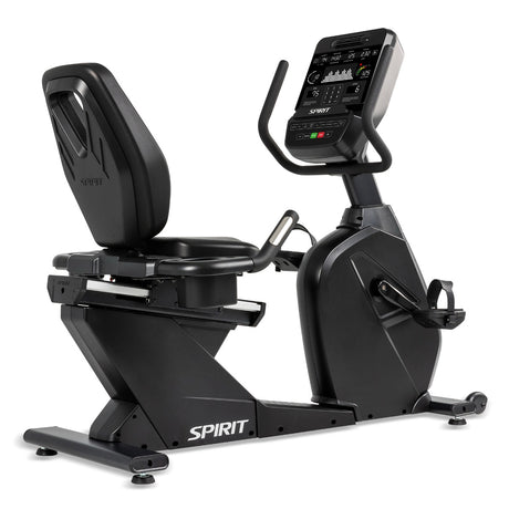 Black exercise bike with digital display on a white background, branded 'Spirit'.