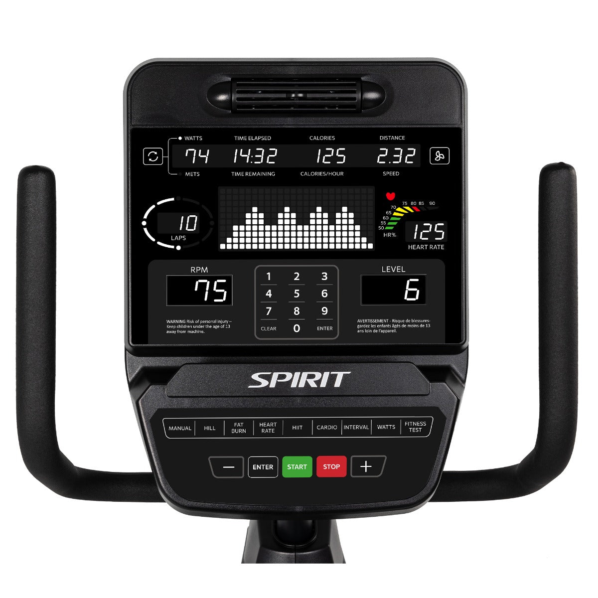 Digital display of a Spirit exercise bike on a white background