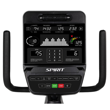 Digital display of a Spirit exercise bike on a white background