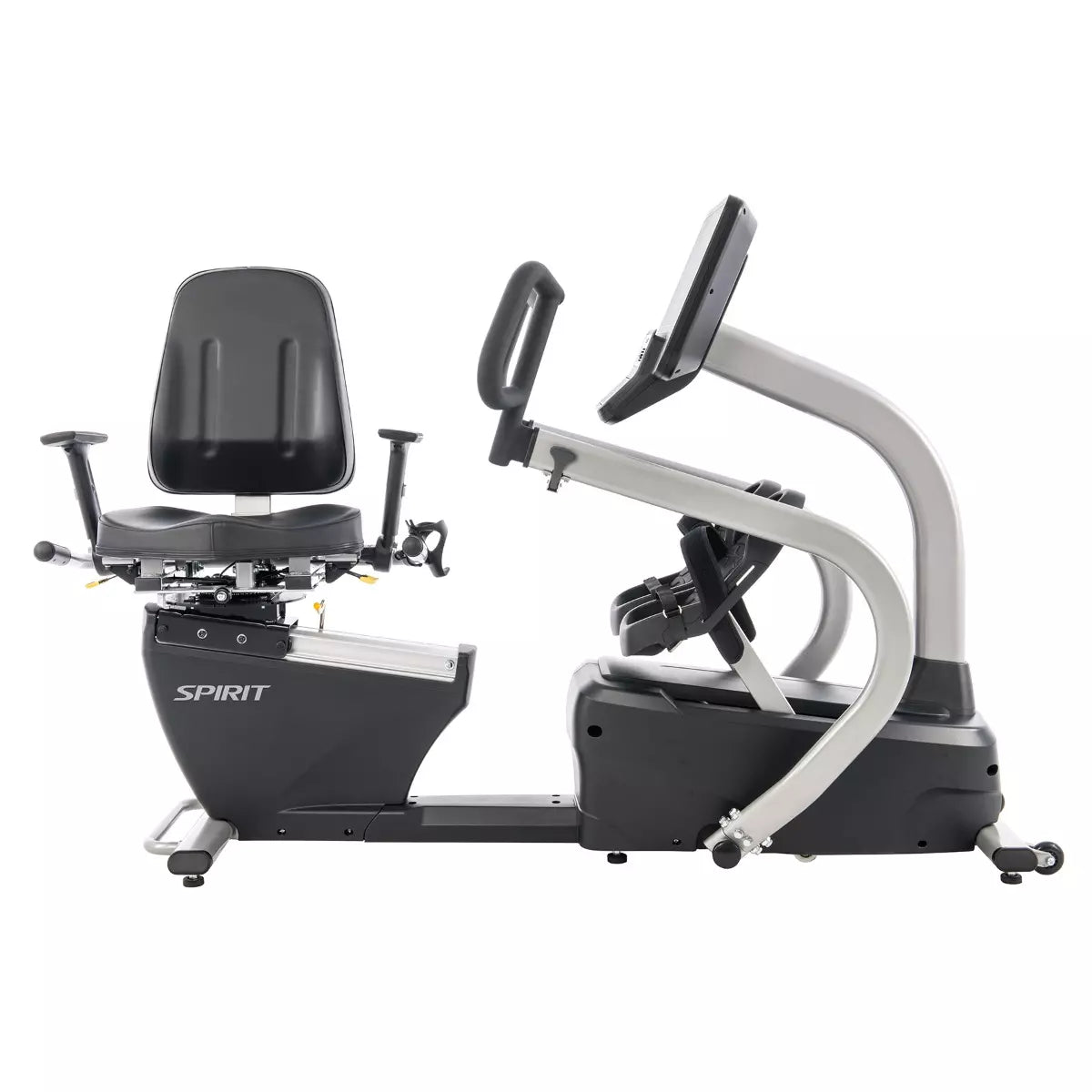 Recumbent bike with 'Spirit' branding on a white background