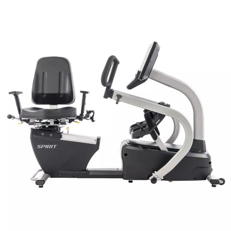 Recumbent bike with 'Spirit' branding on a white background