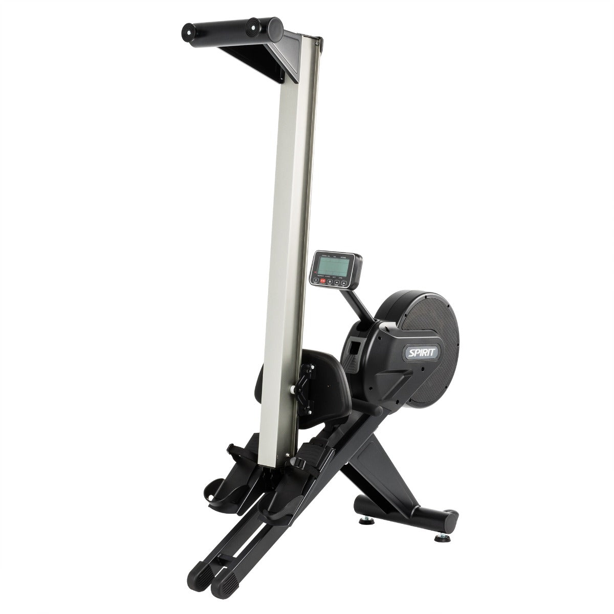 Spirit exercise machine with digital display folded up for storage on a white background