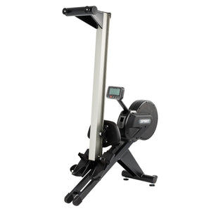 Spirit exercise machine with digital display folded up for storage on a white background