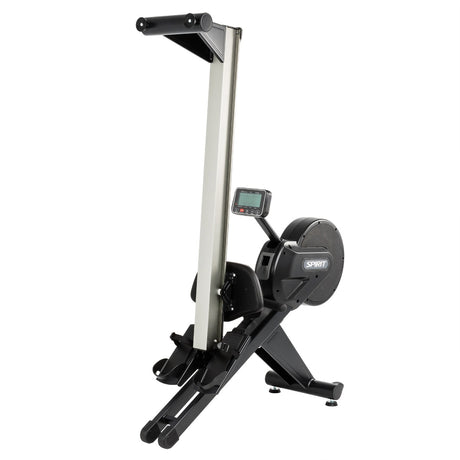 Spirit exercise machine with digital display folded up for storage on a white background
