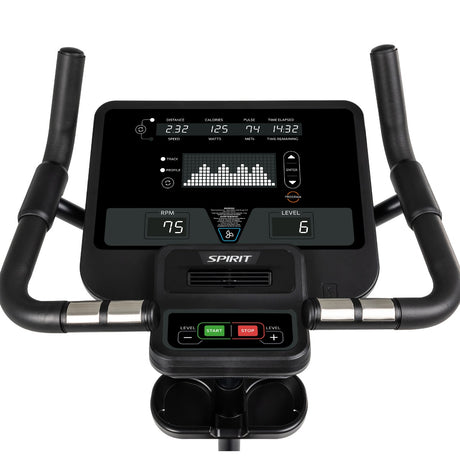 Exercise bike console with digital display on a white background