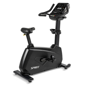 Black exercise bike with digital display on a white background, branded 'Spirit'.