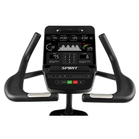 Exercise bike with digital display on a white background