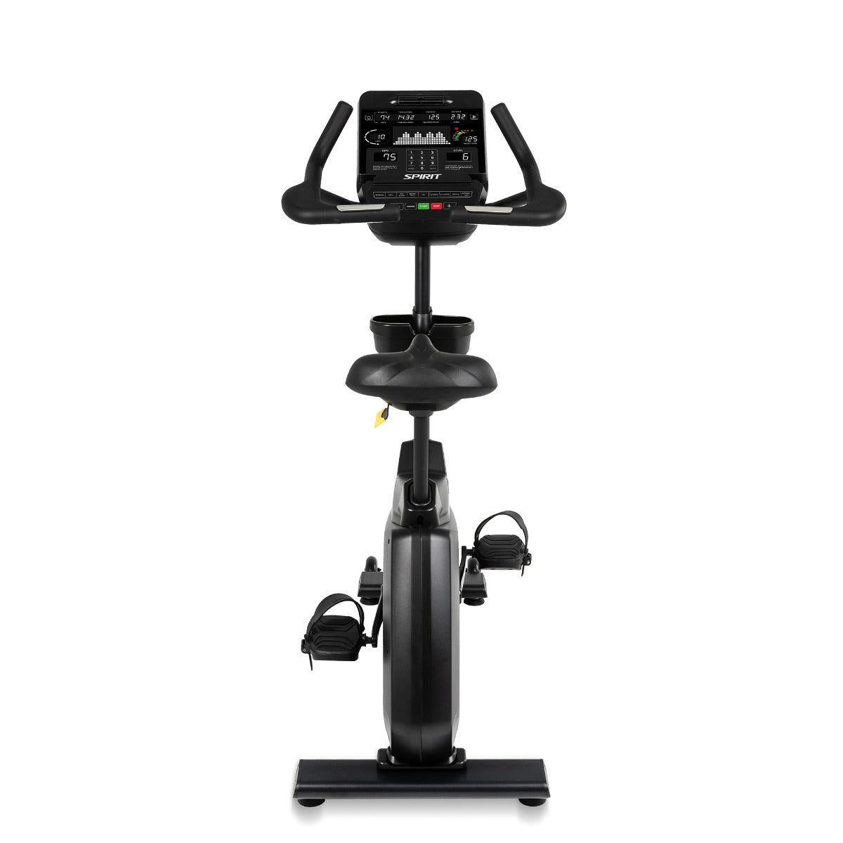 Black exercise bike with digital display on a white background