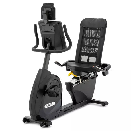 Black exercise bike with a seat on a white background