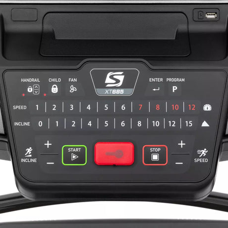 Control panel of a piece of exercise equipment with brand logo