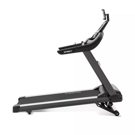 Black inclining treadmill with 'Spirit' branding on a white background